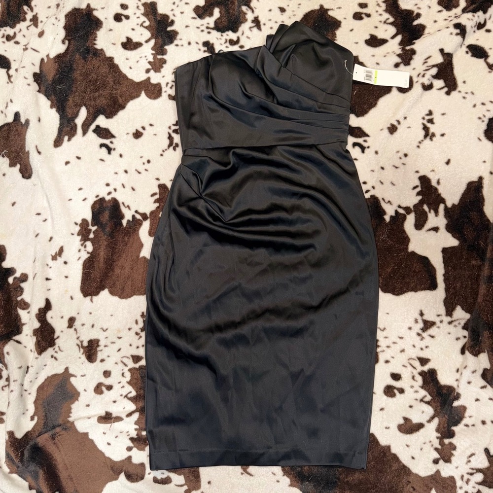 Maggy London Cocktail Dress Women 4 Black Satin Ruched Pleated Elegant Classic